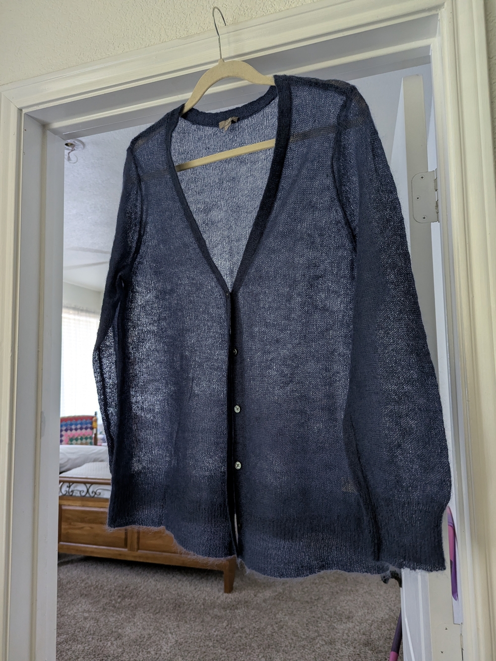 J. Jill Navy Sheer Mohair Blend V-Neck Button-Front Cardigan